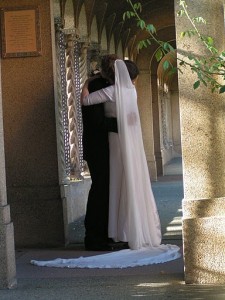Cathedral veils make beautiful chiffon veils. The silk chiffon flows smoothly close to the back and trains out behind.