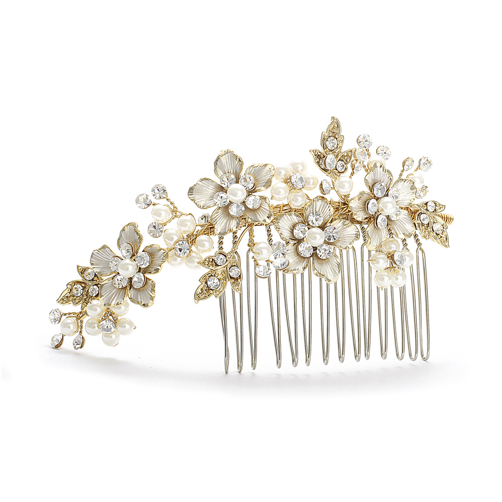 Decorative Hair comb Gold Ivory Pearl Wedding Comb Side Comb 001H